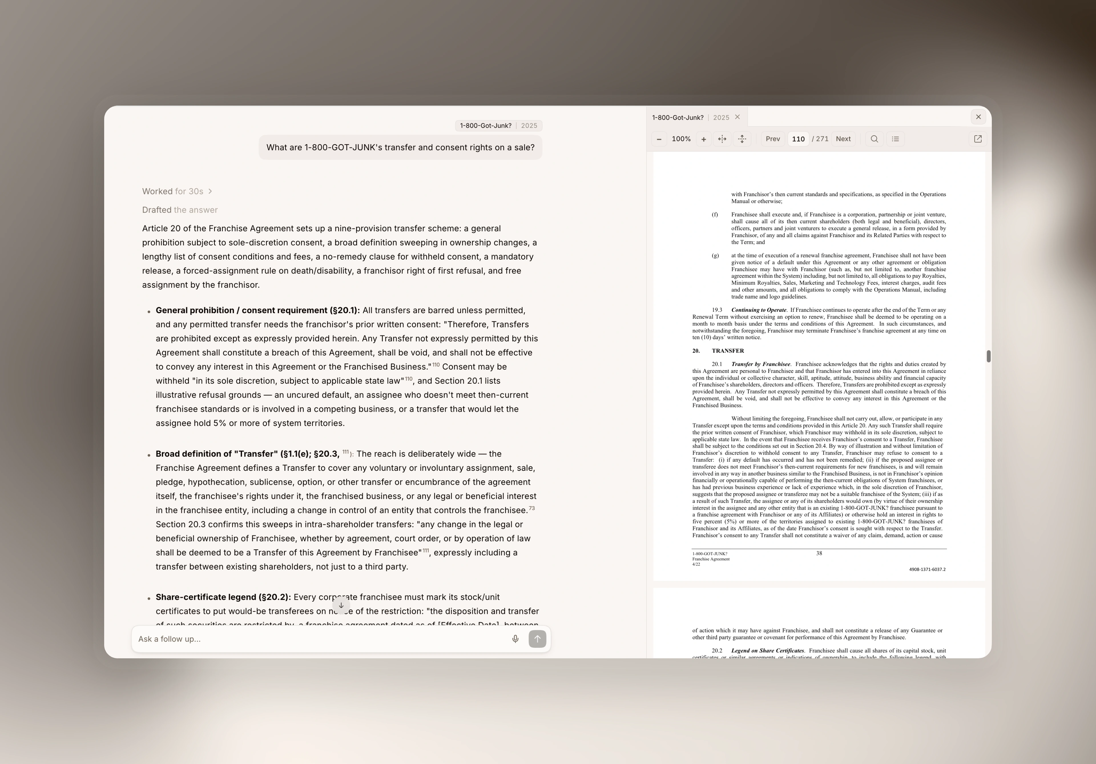 Dale Chat answering a diligence question about a brand's transfer and consent rights, with the source document open to the cited page beside the answer